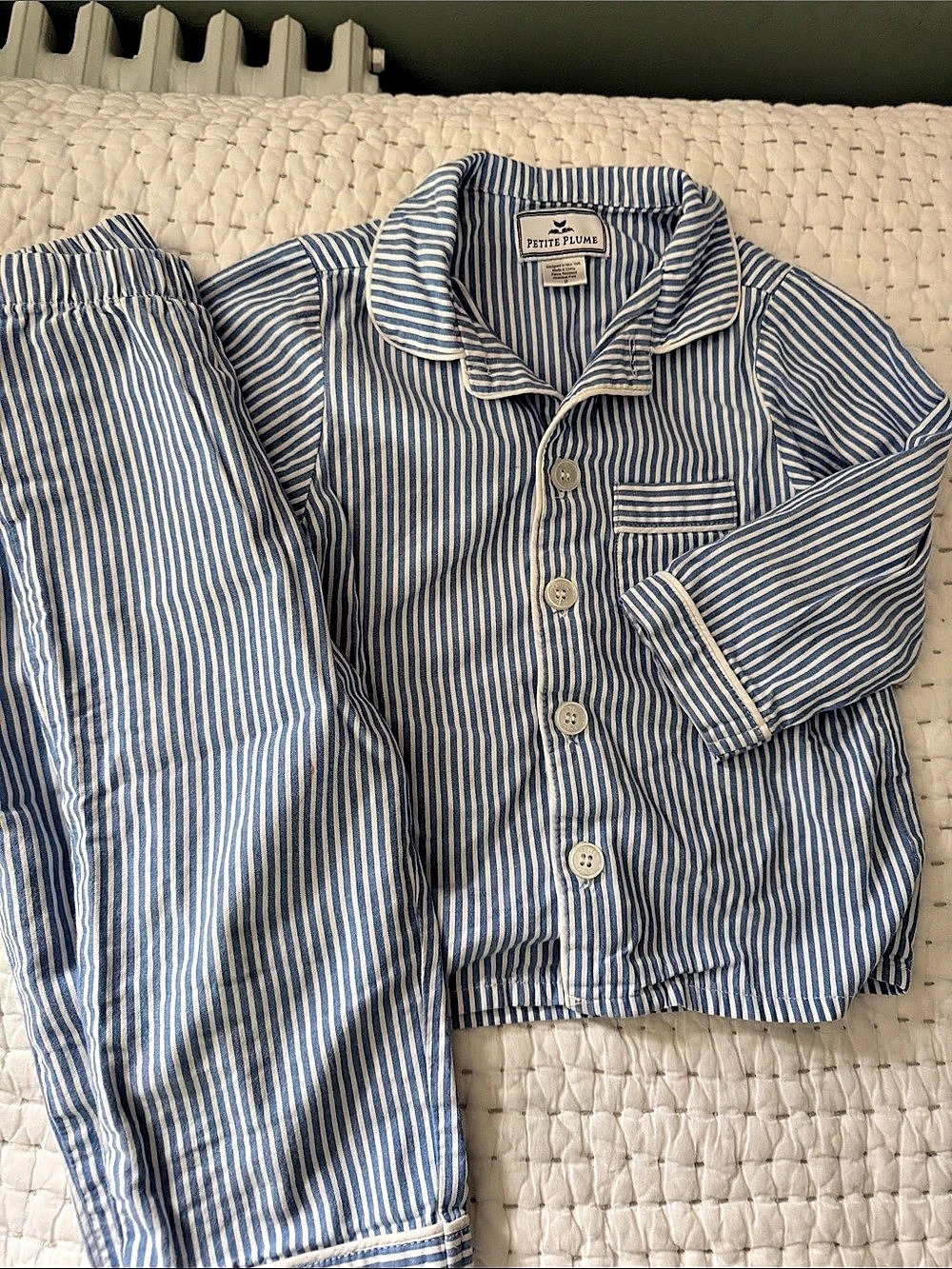 Petite Plume Kid's Twill Pajama Set in French Blue Heritage Stripe Girls Size 2